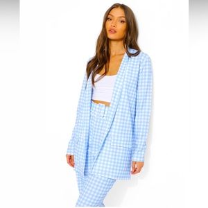 Boohoo Pastel Blue Checkered Blazer Pant Set